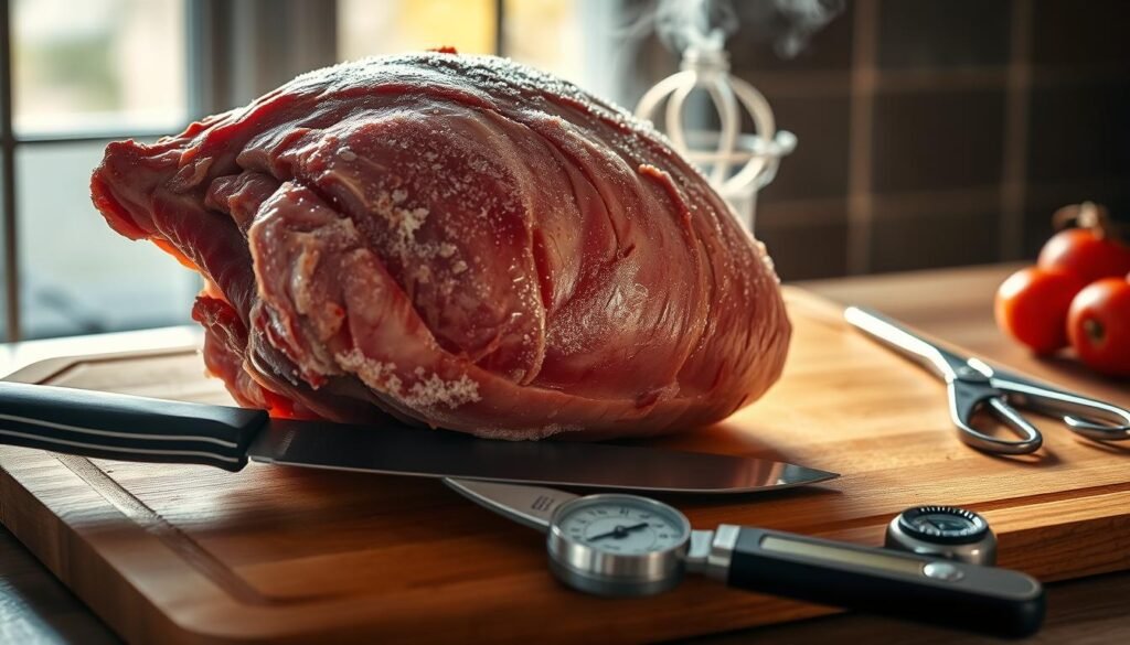 A partially thawed frozen ham resting on a wooden cutting board, illuminated by warm, natural light filtering through a nearby window. The meat's surface glistens with condensation, revealing the gradual transition from icy exterior to softening interior. Wisps of steam gently rise, hinting at the impending transformation. In the foreground, an assortment of kitchen tools - a sharp carving knife, a pair of kitchen shears, and a meat thermometer - stand ready to assist in the preparation process. The composition emphasizes the thoughtful, methodical steps required to ready the ham for a delicious cooking session.