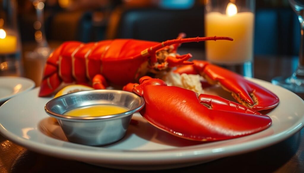 A plate of freshly cooked lobster, its succulent meat glistening under the warm, soft lighting of a dimly-lit dining room. The lobster is elegantly presented, its vibrant red shell contrasting beautifully with the white porcelain plate. Lemon wedges and a small dish of melted butter sit alongside, ready to enhance the flavor of the tender, juicy lobster. The scene is captured from a slightly elevated angle, emphasizing the delicate arrangement and the mouth-watering appeal of the dish. The background is subtly blurred, drawing the viewer's focus to the centerpiece of the composition - the impeccably served lobster.