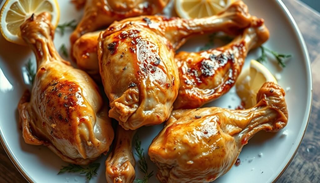 A plate of tender, golden-brown baked chicken legs, the skin crisp and glistening with a light glaze. The meat is succulent and juicy, the bones easily releasing from the flesh. Scattered around the plate are aromatic herbs, a few slices of lemon, and a sprinkle of flaky sea salt. The lighting casts a warm, inviting glow, highlighting the satisfying texture of the leftovers. The image is captured from a high angle, emphasizing the appetizing display and hinting at the ease of reheating and enjoying these delectable chicken remains.