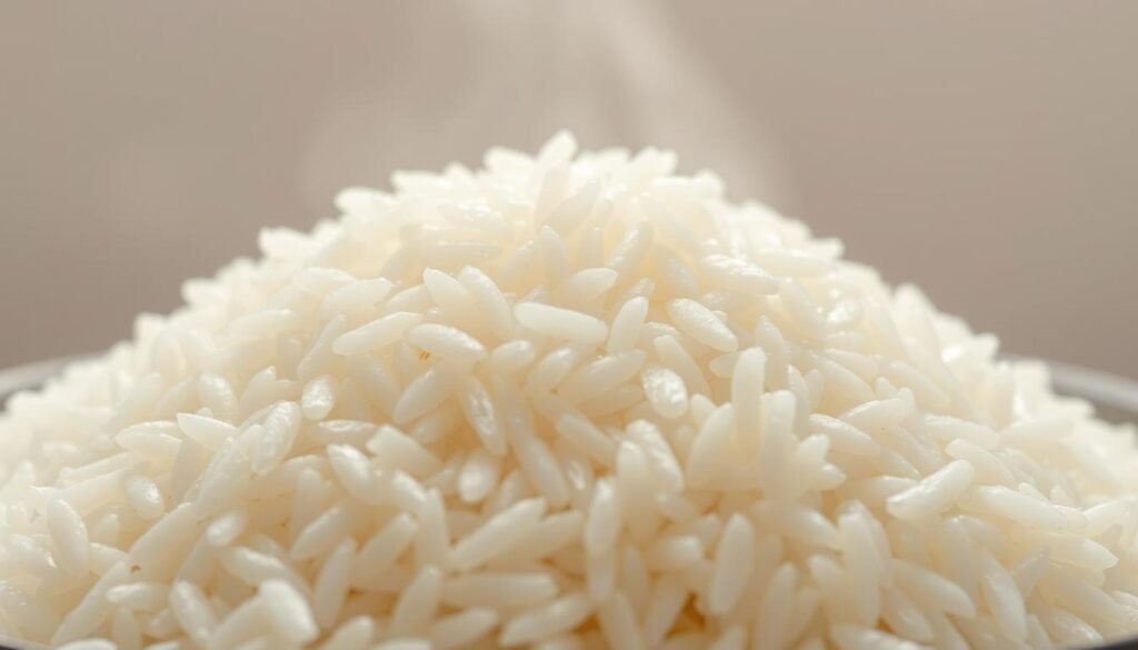 A pristine, close-up shot of a heap of freshly cooked, long-grain white rice, glistening with moisture and steam rising gently. The grains are plump and separate, reflecting soft, even lighting from an overhead source. The image is captured with a shallow depth of field, focusing the viewer's attention on the central pile of rice against a blurred, neutral background. The overall mood is one of simplicity, cleanliness, and the promise of a satisfying meal.