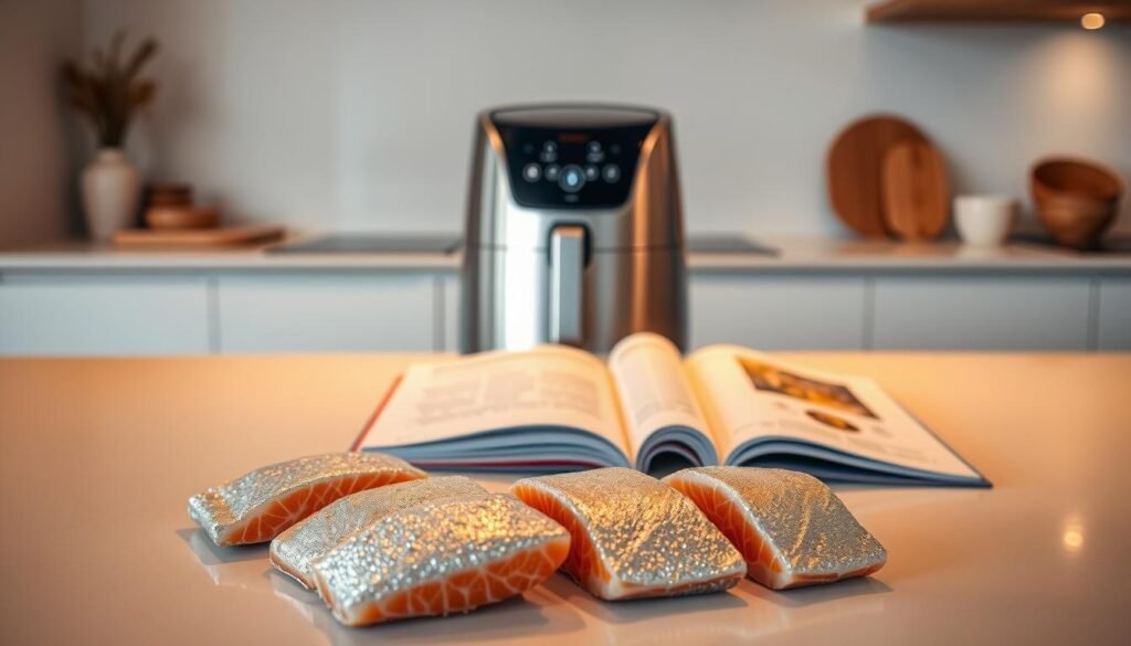A pristine kitchen counter with a sleek, modern air fryer taking center stage. Soft, warm lighting casts a golden glow, highlighting the appliance's clean lines and brushed metal finish. In the foreground, frozen salmon fillets sit neatly arranged, their silvery skin glistening. The middle ground features an open cookbook, its pages displaying step-by-step instructions for the air frying process. The background showcases a minimalist, contemporary interior design, with subtle hints of natural wood tones and muted, earthy accents. The overall scene conveys a sense of efficiency, culinary expertise, and a passion for healthy, delicious home-cooked meals.