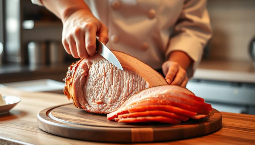 A professional chef in a well-lit kitchen meticulously carving a perfectly cooked holiday ham. The glistening pink meat contrasts with the rich wooden cutting board, as the sharp knife skillfully slices through the succulent flesh. Warm, golden light from overhead casts a soft glow, highlighting the intricate marbling and tender texture of the ham. The chef's hands move with precision, creating thin, even slices ready to be arranged on a serving platter. The scene exudes an air of culinary expertise and the excitement of preparing a delicious holiday meal.