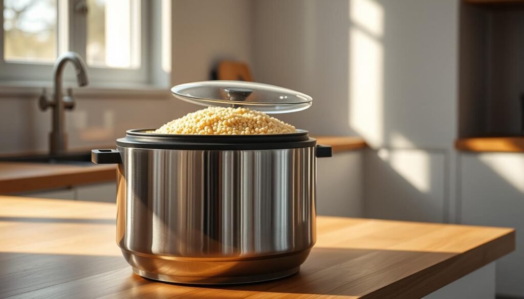 A quinoa rice cooker, gleaming stainless steel, sits atop a wooden kitchen countertop. Sunlight streams in through a nearby window, casting a warm, natural glow on the appliance. The rice cooker's lid is open, revealing the fluffy, golden-hued quinoa grains within. The scene is framed by a minimalist, Scandinavian-inspired kitchen, with clean lines and muted tones that create a sense of simplicity and elegance. The overall mood is one of quiet efficiency and healthy, wholesome cooking.