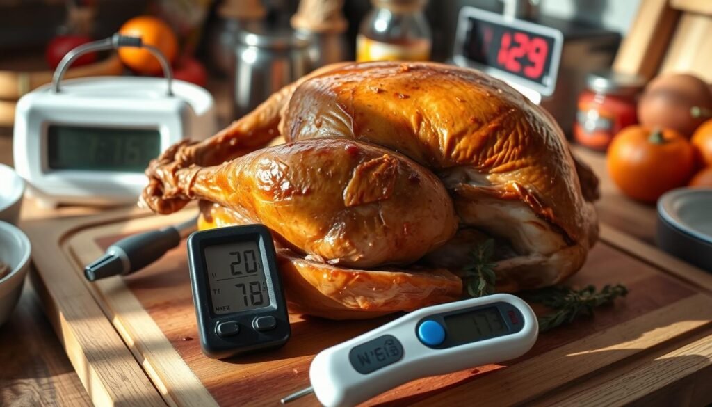 A roasted turkey on a wooden cutting board, surrounded by various kitchen tools and ingredients. The bird appears to be unevenly cooked, with some parts golden brown and others still pale. In the foreground, a digital meat thermometer displays an uneven temperature reading. In the background, a kitchen timer counts down, suggesting a timing issue. Soft, natural lighting casts warm shadows, creating a contemplative mood. The composition emphasizes the challenge of achieving perfect turkey timing, inviting the viewer to consider the troubleshooting process.