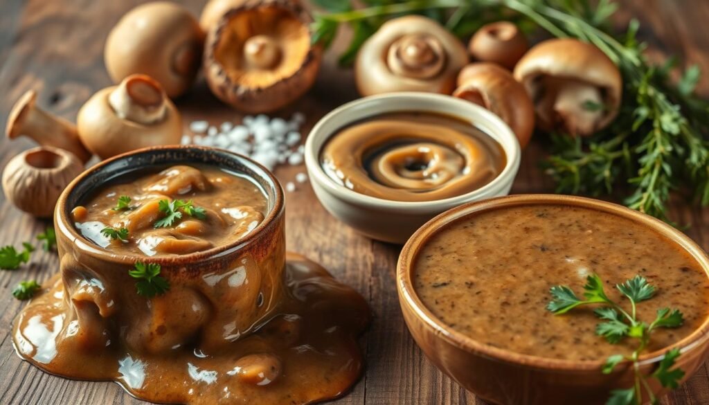 A rustic still life of various mushroom sauces, artfully arranged on a wooden tabletop. In the foreground, a rich, creamy mushroom gravy glistens, garnished with freshly chopped parsley. In the middle ground, a velvety mushroom demi-glace is swirled in a small bowl, its deep umami flavors evident. In the background, a selection of wild mushrooms, such as chanterelles and porcinis, rest alongside fragrant herbs and a sprinkle of coarse sea salt. The lighting is soft and warm, creating a cozy, inviting atmosphere, as if captured in a chef's kitchen. The overall composition is balanced and visually appealing, perfectly capturing the essence of "Making Mushroom Sauces".
