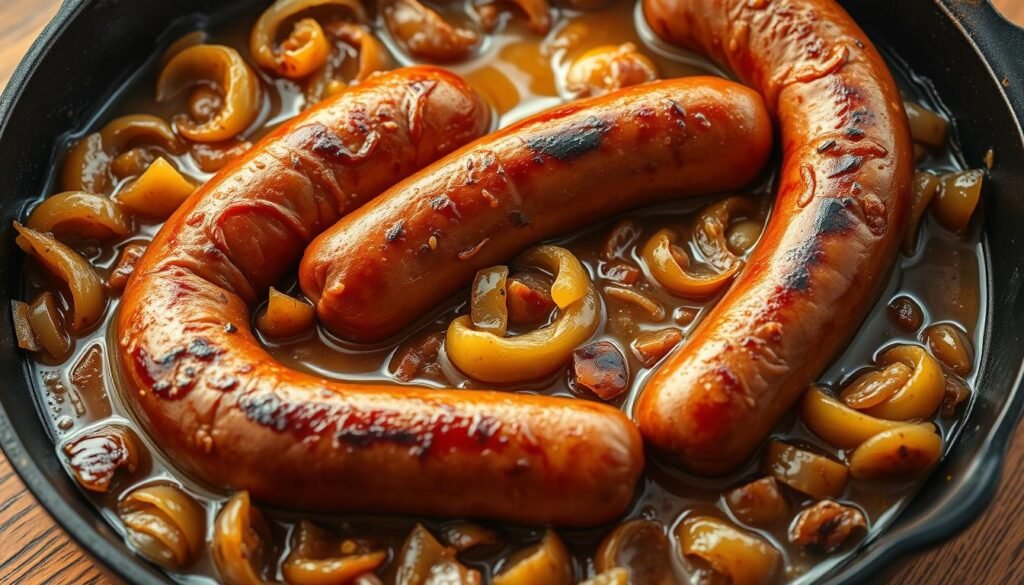 A sizzling cast-iron skillet filled with golden-brown bratwurst sausages, nestled in a bed of caramelized onions simmered in a rich, amber beer broth. The onions glisten with the beer's malty notes, their edges crisped to perfection. The bratwurst, slightly charred on the outside, release their juicy, savory flavors with each bite. Warm, earthy lighting casts a cozy glow, highlighting the skillet's rustic textures and the dish's comforting aromas. A classic, timeless scene of hearty, flavorful cooking, ready to be enjoyed alongside crusty bread or creamy mashed potatoes.