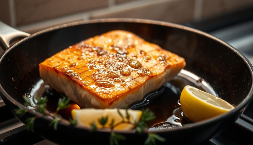 A sizzling mahi mahi fillet sears in a cast-iron skillet, droplets of hot oil glistening on its golden-brown surface. The pan is set over a gas stovetop, flame flickering beneath, casting a warm glow and dramatic shadows. In the foreground, a few sprigs of fresh thyme and a wedge of lemon await, ready to heighten the dish's flavors. The background fades into soft, ambient lighting, allowing the central culinary action to take center stage. This scene conveys the perfect balance of technique and natural ingredients, setting the stage for a delectable mahi mahi preparation. A sizzling mahi mahi fillet sears in a cast-iron skillet, droplets of hot oil glistening on its golden-brown surface. The pan is set over a gas stovetop, flame flickering beneath, casting a warm glow and dramatic shadows. In the foreground, a few sprigs of fresh thyme and a wedge of lemon await, ready to heighten the dish's flavors. The background fades into soft, ambient lighting, allowing the central culinary action to take center stage. This scene conveys the perfect balance of technique and natural ingredients, setting the stage for a delectable mahi mahi preparation.