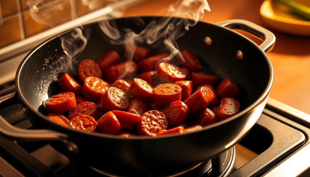 A sizzling pan on a stovetop, filled with plump, glistening chorizo sausages, their deep red hues contrasting against the shiny black surface. Wisps of savory smoke curl upwards, infusing the air with the mouthwatering aroma of slowly rendering fat and aromatic spices. The scene is bathed in warm, golden light, casting a cozy, inviting ambiance. The chorizo sizzles and pops, their juices steadily releasing, ready to be incorporated into a flavorful dish. A simple, yet captivating presentation, showcasing the stovetop cooking method for this versatile and flavor-packed ingredient.