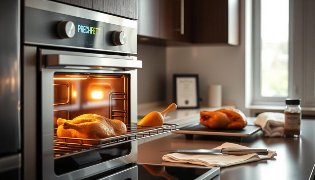 A sleek, modern kitchen counter, the gleam of stainless steel appliances casting a warm glow. In the foreground, a state-of-the-art oven, its digital display pulsing with a bold "Preheat" message, ready to receive the soon-to-be-roasted Cornish hens. The countertop is clear, save for a few essential tools - a sharp carving knife, a bottle of premium spice blend, and a pristine white kitchen towel, all poised for the next step in the culinary masterpiece. The scene is bathed in soft, natural light filtering in through a nearby window, creating a harmonious, inviting atmosphere for the chef to work their magic.
