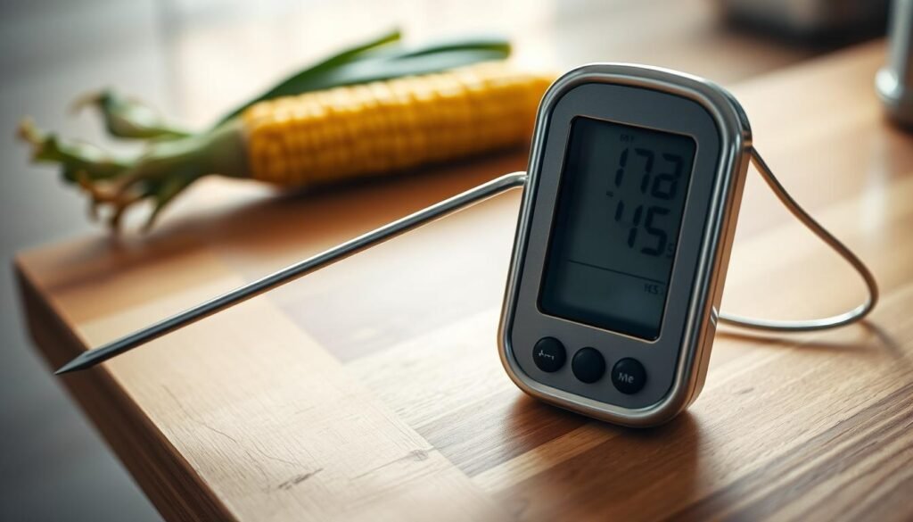 A sleek, stainless steel food thermometer rests on a wooden kitchen counter, its digital display illuminated by soft, natural lighting. The thermometer's long, slender probe extends from the body, ready to measure the internal temperature of a perfectly grilled corn on the cob. The scene evokes a sense of culinary precision and attention to detail, with the thermometer serving as a crucial tool for ensuring perfectly cooked corn every time.