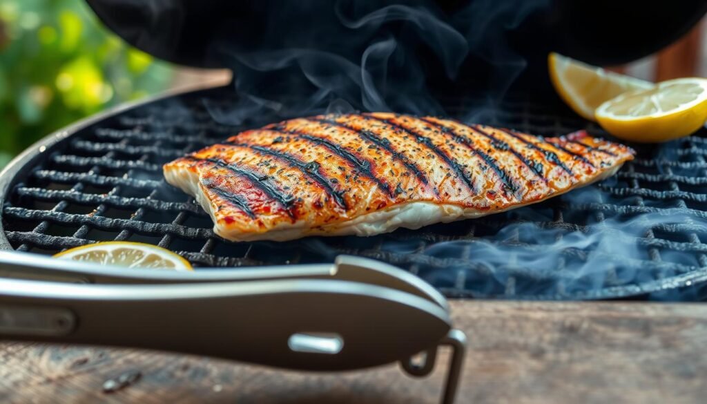 A smoky, golden-brown tilapia fillet sizzling on a well-oiled grill grate, charred grill marks crisscrossing the surface. The fish is surrounded by a hazy, backlit atmosphere, with wisps of smoke curling up from the grill. In the foreground, a pair of sturdy metal tongs are poised to carefully flip the fish. The middle ground features a rustic wooden table, with a selection of fresh lemon wedges, herbs, and seasonings arranged neatly. The background is softly blurred, hinting at a peaceful outdoor setting, perhaps a patio or backyard, with subtle shadows and natural light filtering through.