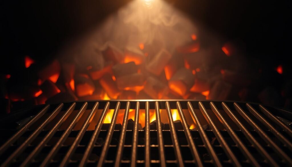 A stainless steel grill grate set against a backdrop of glowing charcoal briquettes, casting a warm, amber glow. The grate is positioned at a slight angle, creating a dynamic composition. Overhead, a focused beam of light illuminates the surface, casting dramatic shadows that accentuate the ridges and texture of the metal. The surrounding area is shrouded in a subtle haze, suggestive of the smoky atmosphere of an outdoor grilling session. The overall mood is one of anticipation and culinary preparation, evoking the senses of smell and taste.