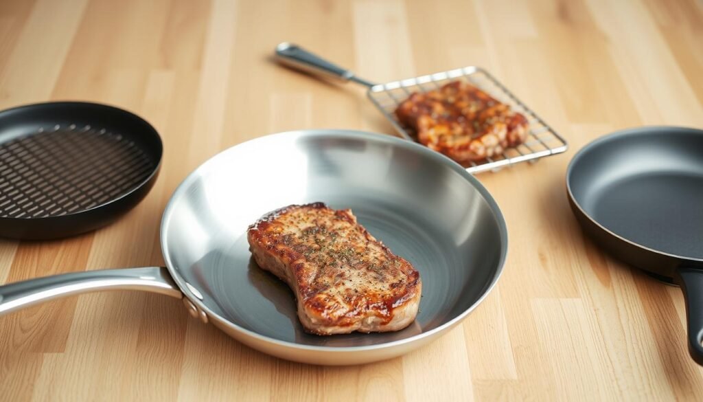 A stainless steel skillet on a wooden surface, showcasing three different cooking methods: a dry skillet for searing, a broiler rack for oven-roasting, and a non-stick pan for a stovetop option. The skillet is positioned at a slight angle, with the different cooking implements arranged around it, creating a visually appealing and informative composition. Soft, even lighting illuminates the scene, highlighting the textures and colors of the various elements. The overall mood is one of culinary exploration and versatility, inviting the viewer to consider the different techniques for preparing a delicious top sirloin steak.