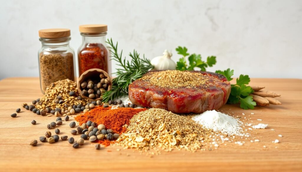 A still life arrangement of various seasoning spices, herbs, and condiments against a neutral background. In the foreground, an assortment of dried spices, including peppercorns, cumin, paprika, garlic powder, and onion flakes, artfully scattered across a wooden surface. In the middle ground, a few fresh herbs, such as rosemary, thyme, and parsley, with their vibrant green leaves contrasting the earthy tones of the dry seasonings. The background is a minimalist, off-white or light gray backdrop, allowing the seasonings to take center stage. The lighting is soft and natural, creating gentle shadows and highlights that accentuate the textures and colors of the ingredients. The overall composition conveys a sense of culinary preparation, with the seasonings ready to be applied to a delicious tri-tip steak.
