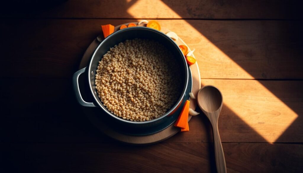 A stovetop farro dish on a rustic wooden table, illuminated by warm, natural lighting. A medium-sized saucepan simmers with perfectly cooked farro grains, their chewy texture and nutty aroma filling the air. Sliced vegetables, such as carrots and onions, are neatly arranged around the pan, adding vibrant pops of color. A wooden spoon rests casually on the table, suggesting the methodical process of stirring and tending to the farro. The overall scene conveys a sense of simplicity, comfort, and the homemade pleasures of preparing a wholesome, flavorful meal.