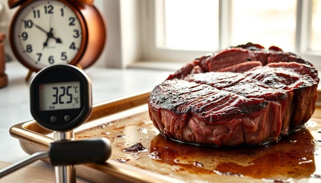 A top sirloin steak sizzling on a baking sheet, its surface glistening with a rich, caramelized crust. The steak is positioned against a crisp, white background, illuminated by warm, natural light filtering through a window. In the foreground, a digital meat thermometer displays the steak's precise temperature, while a vintage analog clock in the background ticks away, capturing the precise timing of the cooking process. The overall scene exudes a sense of culinary precision and effortless elegance, perfectly capturing the essence of the "Time & Temperature Guide" section of the article.