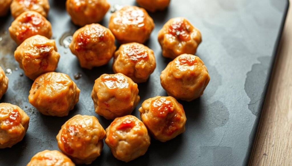 A tray of perfectly golden-brown, oven-baked meatballs rests on a slate background. The meatballs are plump and juicy, glistening with a light glaze. Their edges are crisp, while the interiors are tender and succulent. The meatballs are arranged in an appealing, artful manner, with some slightly askew to create a natural, homemade look. Soft, natural lighting from the side casts gentle shadows, emphasizing the texture and shape of the meatballs. The slate background provides a neutral, earthy tone that complements the warm hues of the meatballs. The overall scene conveys a sense of rustic simplicity and culinary expertise, perfect for illustrating storage, meal prep, and freezing tips for oven-baked meatballs. A tray of perfectly golden-brown, oven-baked meatballs rests on a slate background. The meatballs are plump and juicy, glistening with a light glaze. Their edges are crisp, while the interiors are tender and succulent. The meatballs are arranged in an appealing, artful manner, with some slightly askew to create a natural, homemade look. Soft, natural lighting from the side casts gentle shadows, emphasizing the texture and shape of the meatballs. The slate background provides a neutral, earthy tone that complements the warm hues of the meatballs. The overall scene conveys a sense of rustic simplicity and culinary expertise, perfect for illustrating storage, meal prep, and freezing tips for oven-baked meatballs.
