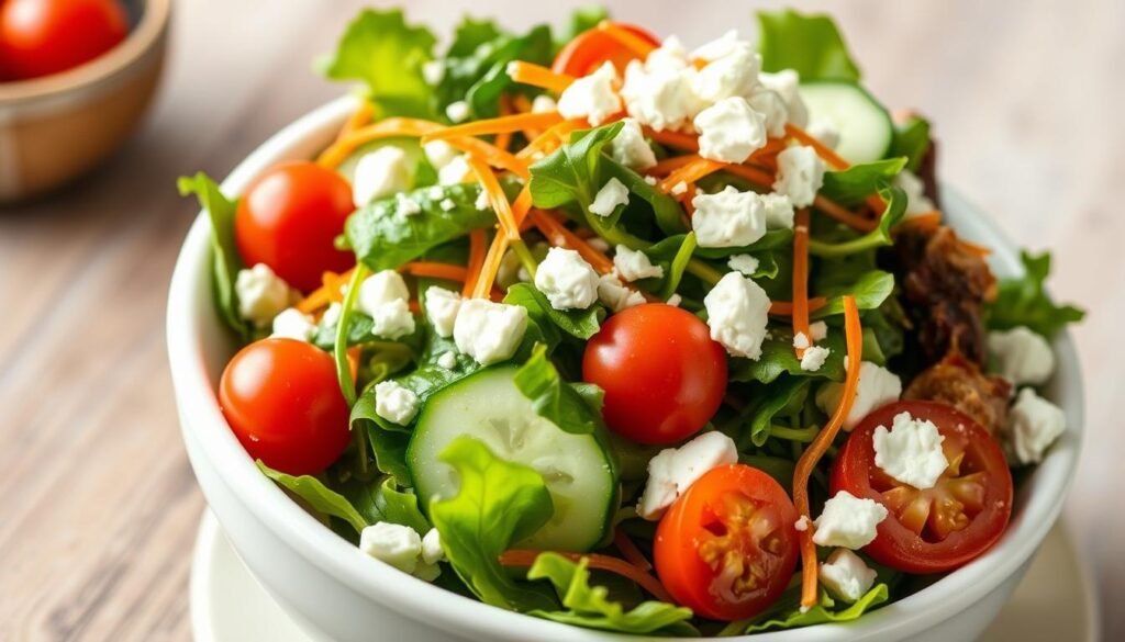 A vibrant and fresh green salad, featuring a variety of crisp, leafy greens, including romaine, spinach, and mixed greens. Garnished with cherry tomatoes, sliced cucumber, shredded carrots, and crumbled feta cheese. The salad is beautifully presented in a white ceramic bowl, with a light, natural lighting capturing the vivid colors and textures. The overall composition creates a simple, yet elegant side dish that complements the richness of the oven-baked spare ribs, making it a perfect pairing for a complete and satisfying meal.