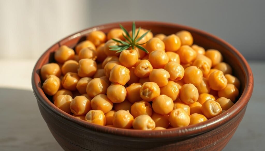 A vibrant still life of freshly cooked chickpeas, resting in a rustic ceramic bowl. The chickpeas are plump, golden-brown, and glistening with a light sheen, artfully arranged against a neutral backdrop. Soft, natural lighting illuminates the scene, casting gentle shadows and highlighting the textural details of the chickpeas. The composition is balanced and visually appealing, inviting the viewer to imagine the satisfying texture and flavor of the chickpeas. The overall atmosphere is one of simplicity, nourishment, and the comforting appeal of homemade cuisine.