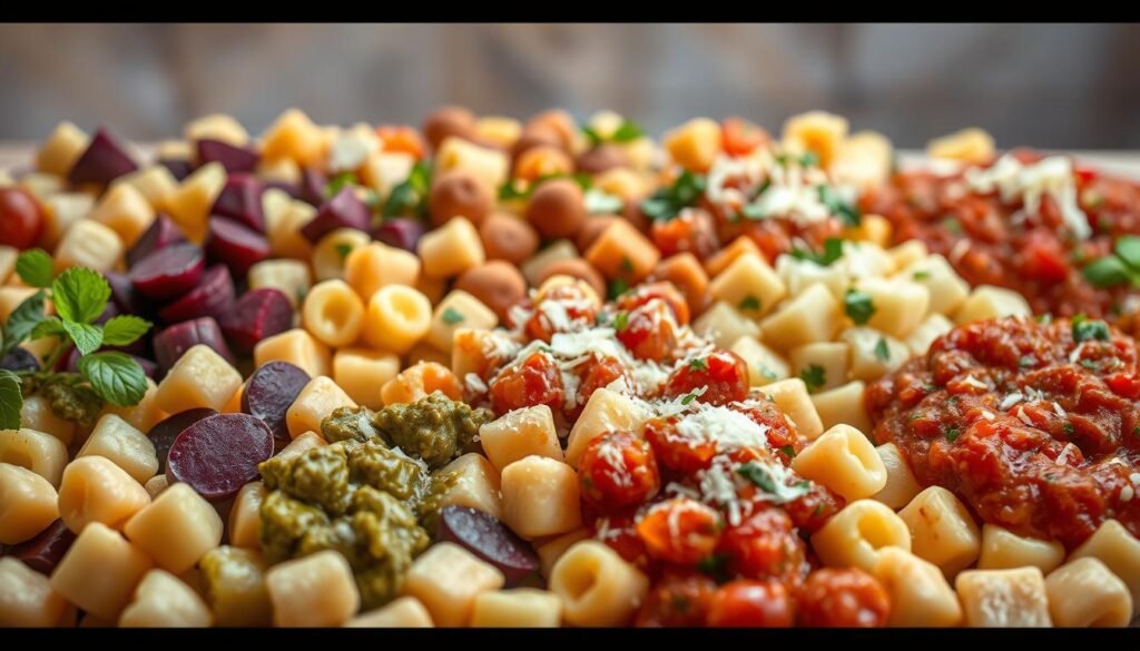 A visually stunning arrangement of various gnocchi preparations, showcased against a softly blurred backdrop. In the foreground, an array of gnocchi in different shapes, sizes, and colors - classic potato gnocchi, vibrant beet-infused gnocchi, and delicate ricotta gnocchi. The middle ground features a variety of sauces and toppings, ranging from creamy pesto to zesty tomato sauce, garnished with fresh herbs and shaved Parmesan. Soft, diffused lighting illuminates the scene, creating a warm, inviting atmosphere. The image is captured with a shallow depth of field, drawing the viewer's attention to the mouthwatering details of this gnocchi extravaganza.