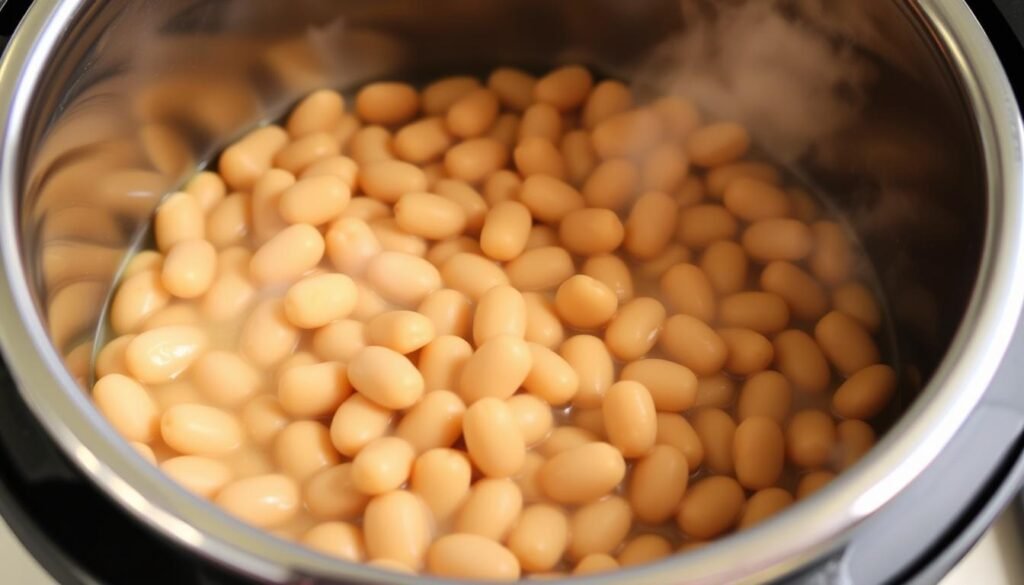 A well-lit and close-up view of an Instant Pot pressure cooker filled with freshly cooked pinto beans. The pinto beans are tender, creamy, and glistening, surrounded by a light steam. The stainless steel exterior of the Instant Pot is polished and gleaming, reflecting the kitchen environment. The scene conveys the ease and convenience of pressure cooking pinto beans, ready to be served as a wholesome and comforting dish.