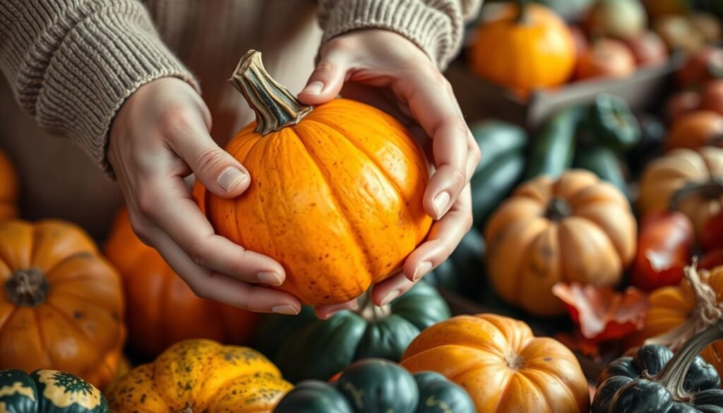 A well-lit, close-up photograph of a person's hands carefully inspecting and selecting an acorn squash from a variety of options. The squash is ripe, vibrant in color, and appears freshly picked. The hands gently turn the squash, examining its shape, size, and quality. The background is a farmers market or produce stand, with other autumn vegetables and fruits visible in the periphery, creating a sense of abundance and seasonal bounty. The lighting is soft and natural, highlighting the details of the squash and the person's attentive selection process. The overall mood is one of thoughtfulness, care, and appreciation for the seasonal produce.