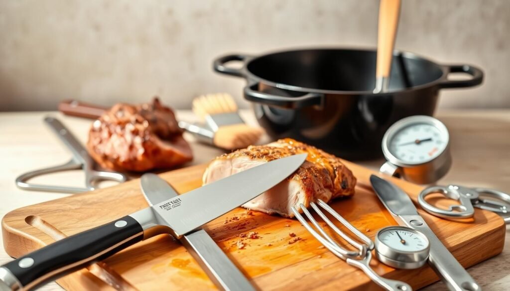 A well-lit, close-up photograph of an assortment of professional cooking tools for preparing a pork loin. In the foreground, a sharp carving knife, a sturdy meat fork, and a meat thermometer are neatly arranged on a wooden cutting board. In the middle ground, a cast-iron skillet, a basting brush, and a pair of kitchen shears are visible. The background features a neutral, slightly blurred backdrop, highlighting the tools and their intended purpose. The lighting is natural and soft, casting gentle shadows and creating a warm, inviting atmosphere. The overall composition emphasizes the essential tools needed for cooking a juicy and flavorful pork loin.