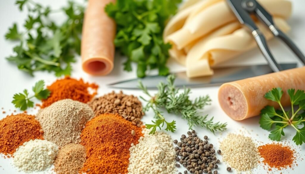A well-lit, close-up still life photograph capturing an assortment of culinary ingredients commonly used in bratwurst recipes. In the foreground, an array of seasoning blends, including garlic powder, paprika, caraway seeds, and black pepper, arranged neatly against a white background. In the middle ground, a selection of fresh herbs such as parsley, thyme, and rosemary, their lush green leaves complementing the earthy tones of the spices. In the background, a variety of sausage casings, natural and artificial, along with a sharp knife and a pair of kitchen shears, hinting at the preparation process. The lighting is soft and even, creating a clean, professional aesthetic that showcases the tools and ingredients in an appetizing and informative manner.