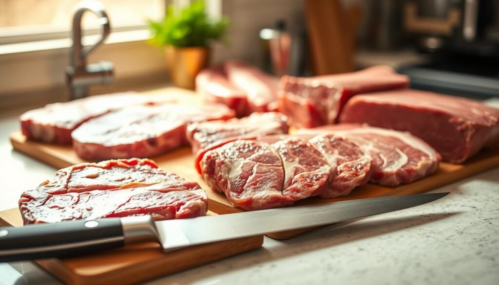 A well-lit countertop showcases an assortment of premium London Broil cuts. The succulent steaks are neatly arranged, their marbled surfaces glistening under warm, natural lighting. In the foreground, a sharp butcher's knife rests next to the selection, hinting at the preparation to come. The middle ground features a wooden cutting board, complementing the rustic, earthy tones of the meat. The background fades into a softly blurred scene, allowing the focus to remain on the various London Broil options, each with its unique shape and texture. The overall atmosphere is one of culinary expertise and thoughtful selection, setting the stage for a flavorful cooking experience.