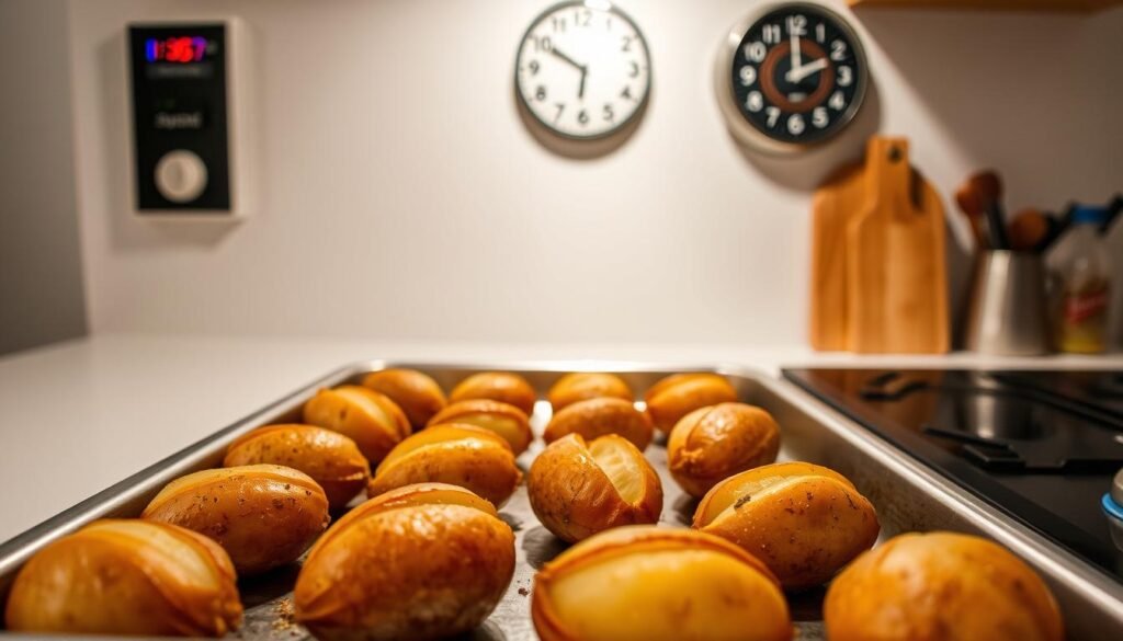 A well-lit kitchen counter, the focus on a stainless steel baking tray filled with golden-brown baked potatoes. The potatoes are evenly spaced, their crisp skins glistening under the warm light. In the background, a clean, minimalist wall with a clock displaying the optimal baking time and temperature. The scene conveys a sense of culinary precision and efficiency, inviting the viewer to imagine the perfect accompaniment to a juicy pork tenderloin.
