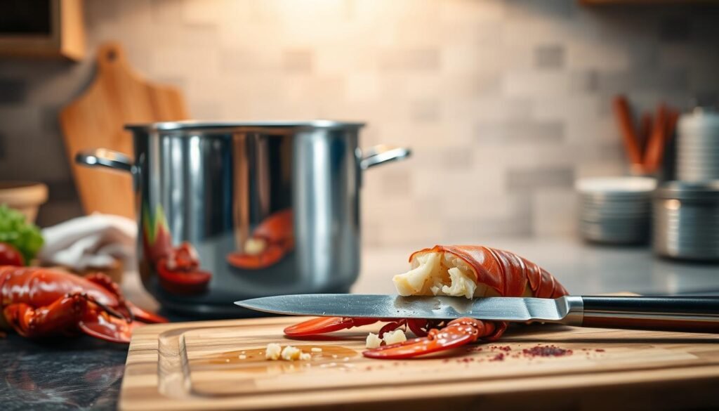 A well-lit kitchen counter, with a large stainless steel pot filled with bubbling water. Beside it, a fresh lobster, its shell a vibrant red, waiting to be lowered into the hot liquid. In the foreground, a wooden cutting board with a sharp chef's knife, ready to expertly split the cooked lobster. The scene is captured with a crisp, high-resolution lens, highlighting the intricate details of the ingredients and kitchen tools. The overall atmosphere is one of culinary precision and anticipation, setting the stage for the perfect lobster cooking method.