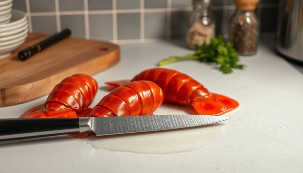A well-lit kitchen counter, with a pair of fresh, raw lobster tails arranged neatly. The tails are glistening, their shells a vibrant, deep red. A sharp knife rests nearby, the blade gleaming under the soft, even lighting. In the background, a wooden cutting board and a few herbs and spices stand ready to season the seafood. The scene conveys a sense of professional, yet approachable, culinary preparation - the tools and ingredients necessary to transform these frozen lobster tails into a delectable, restaurant-quality dish.