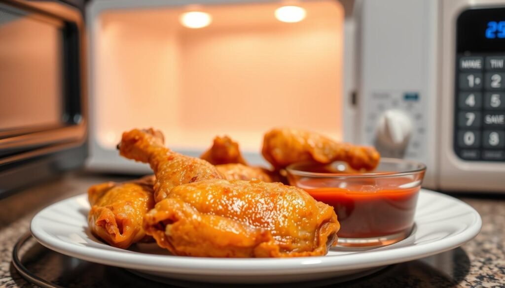 A well-lit kitchen counter with a white ceramic plate featuring freshly reheated baked chicken wings, their golden-brown skin glistening under the warm overhead lighting. In the background, a blurred view of a microwave oven, its digital display showing the timer counting down the final seconds of the reheating cycle. The wings are accompanied by a small glass dish filled with a tantalizing dipping sauce, its deep red hue contrasting beautifully with the crispy skin of the wings. The overall atmosphere is one of casual, comforting home-cooked goodness, inviting the viewer to imagine the delicious aroma filling the air.