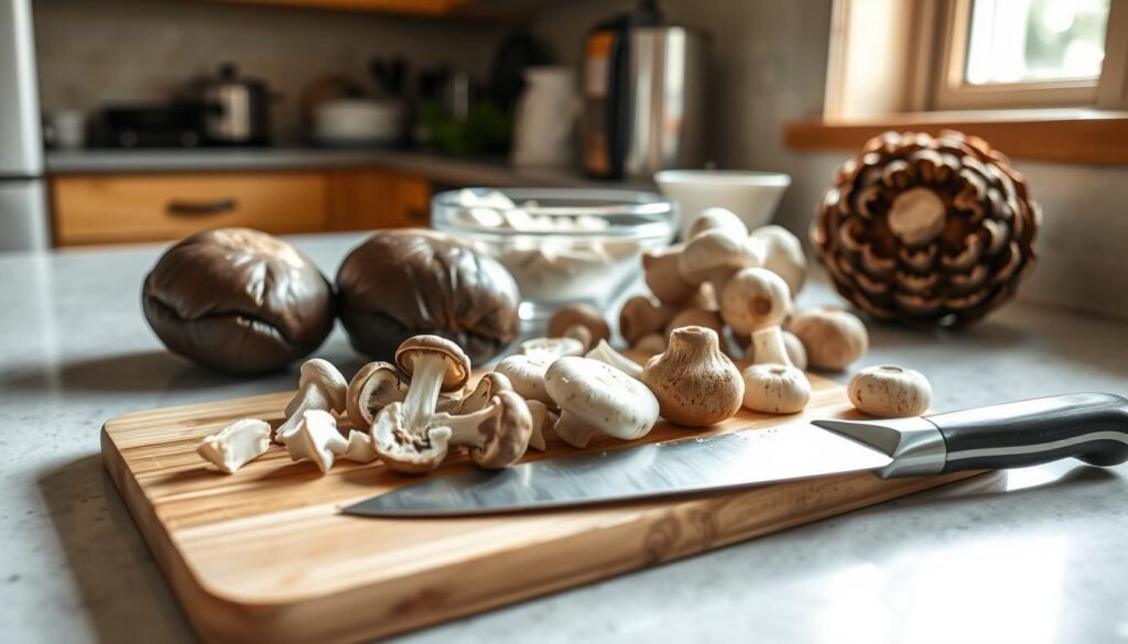 A well-lit kitchen counter, with a wooden cutting board in the foreground. On the board, fresh mushrooms of various types - portobello, shiitake, and button - are neatly arranged. A sharp chef's knife rests beside them, ready to slice through the firm, earthy caps. The middle ground features a bowl of water, where the mushrooms will be gently cleaned, and a small pile of dirt-specked trimmings. In the background, a window allows natural light to pour in, casting a warm, ambient glow over the scene. The overall atmosphere is one of calm focus and culinary preparation, setting the stage for the delicious artichoke dish to come.