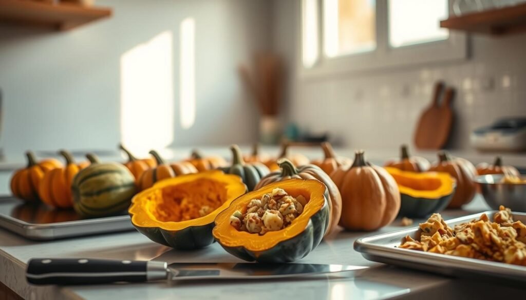 A well-lit kitchen counter, with an assortment of freshly harvested acorn squash arranged neatly. Warm, natural light filters in through a nearby window, casting a soft glow on the scene. In the foreground, a chef's knife rests next to a halved acorn squash, ready to be prepared. On the counter, various cooking implements, such as a baking sheet and a small bowl, suggest the methods of roasting and stuffing the squash. The background features a neutral, minimalist decor, allowing the focus to remain on the squash and the cooking process. An atmosphere of culinary expertise and seasonal abundance pervades the scene.
