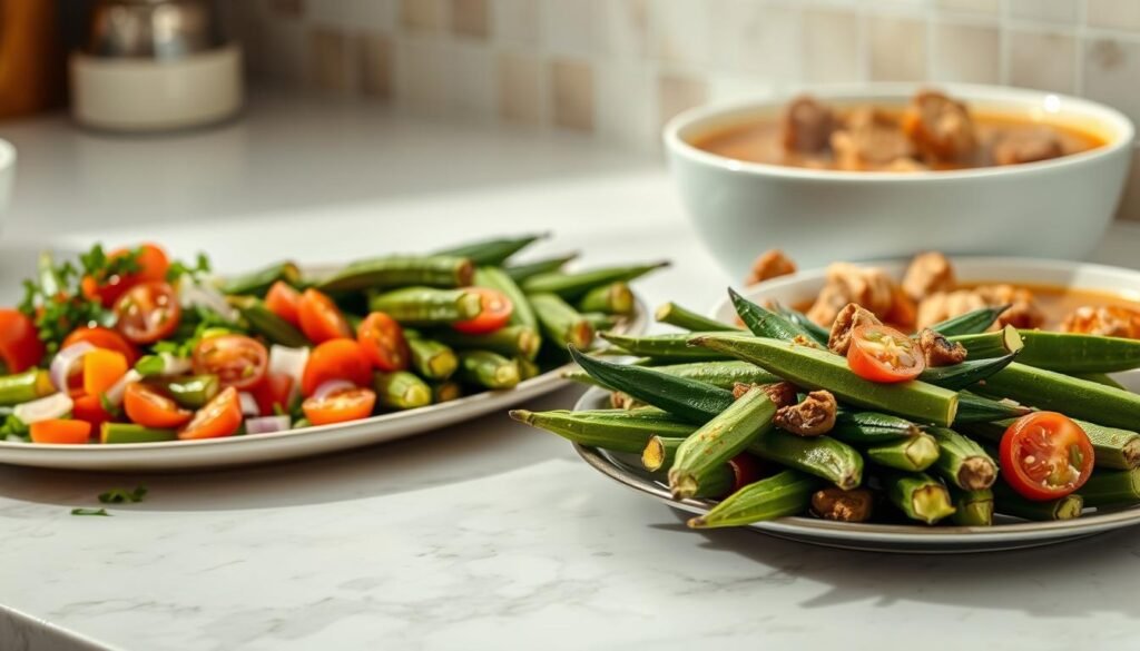 A well-lit kitchen countertop displays an array of okra serving ideas. In the foreground, a vibrant green okra salad with tomatoes, onions, and a tangy vinaigrette. To the side, a platter showcases roasted okra wedges, lightly seasoned with garlic, paprika, and a sprinkle of fresh herbs. In the background, a steaming bowl of okra gumbo, its rich, aromatic broth complemented by tender chunks of chicken and andouille sausage. The scene is captured with a soft, natural lighting that emphasizes the vibrant colors and textures of the dishes, creating an appetizing and inviting atmosphere for the "Serving ideas, storage, and reheating tips" section of the article.