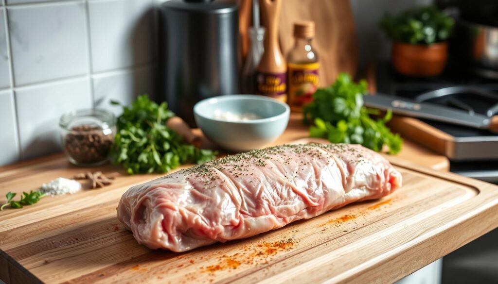 A well-lit kitchen countertop with a freshly unwrapped pork tenderloin laid out, ready for seasoning and preparation. The tenderloin is nestled on a wooden cutting board, its pink hue contrasting against the warm-toned wood. Nearby, a variety of herbs, spices, and cooking tools are neatly arranged, hinting at the flavorful process to come. The scene is bathed in soft, diffused lighting, casting subtle shadows and highlighting the succulent, marbled texture of the meat. A sense of culinary anticipation fills the air, as the tenderloin awaits its transformation into a delectable dish.