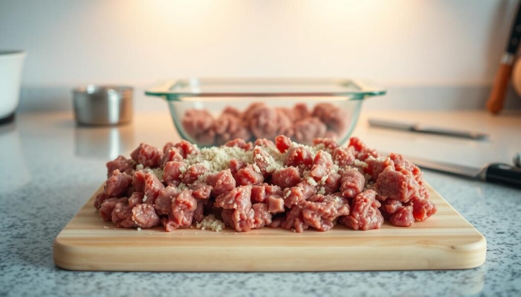 A well-lit kitchen countertop, with a large cutting board in the foreground. On the board, freshly ground beef and pork are neatly arranged, ready to be combined with breadcrumbs, eggs, and seasonings. In the middle ground, a glass loaf pan waits to be filled, its shiny surface reflecting the warm, indirect lighting from above. In the background, a few essential kitchen tools, such as a sharp knife and a mixing bowl, stand ready to assist in the meatloaf preparation process. The overall scene conveys a sense of culinary focus and attention to detail, perfectly suited to illustrate the section on "How to Prepare Meatloaf for Cooking".