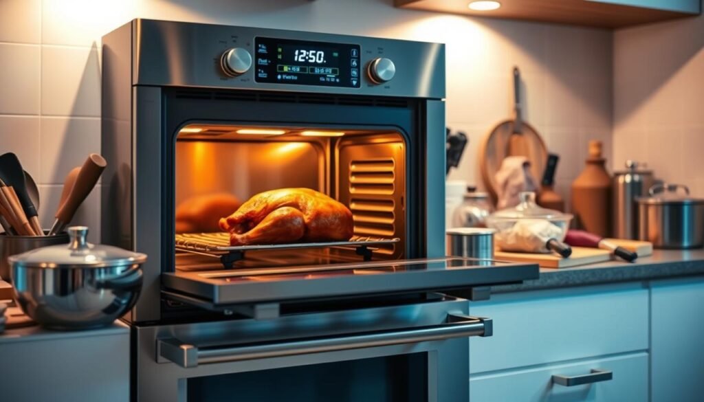 A well-lit modern kitchen counter, the focus on a stainless steel oven with a precision digital display showing the temperature rising steadily. Surrounding the oven are various culinary tools and ingredients, hinting at the preparation of a delectable roast. The lighting is warm and inviting, casting a soft glow on the scene. The overall atmosphere conveys a sense of anticipation and culinary expertise, setting the stage for the perfect oven-roasted pork butt.