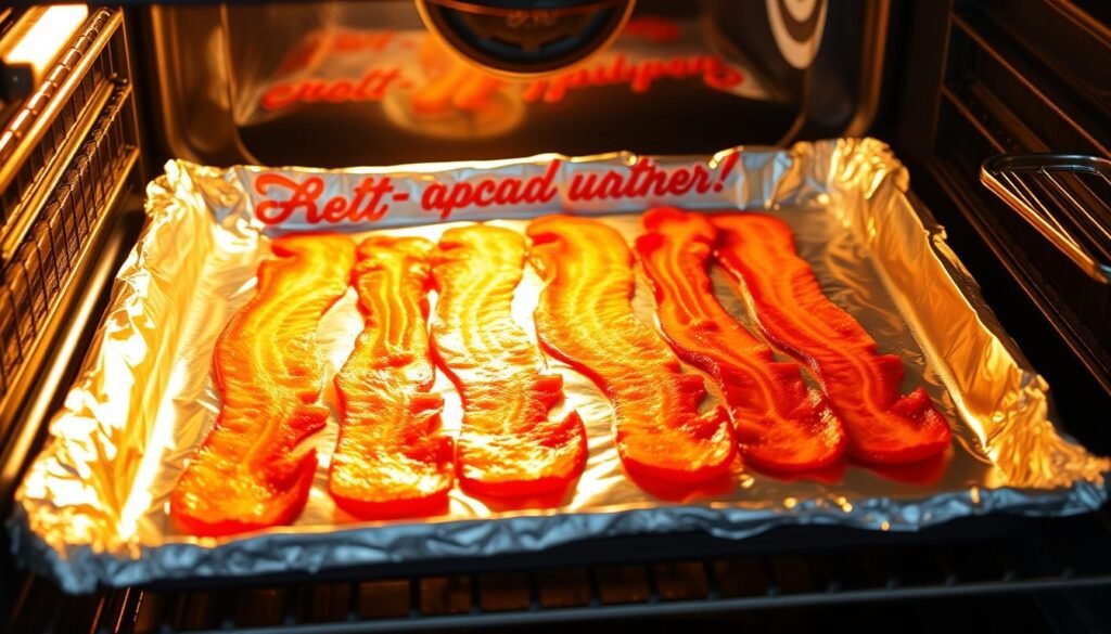 A well-lit oven interior with an aluminum foil-lined baking sheet, holding several strips of fresh, sizzling bacon. The bacon is arranged in a neat, parallel pattern, filling the frame. Warm, golden light bathes the scene, casting subtle shadows and highlighting the crispy texture of the bacon. The oven door is slightly ajar, revealing the cooking process in progress. The scene conveys the comforting aroma and anticipation of perfectly cooked bacon, ready to be enjoyed as part of a delicious breakfast or brunch.