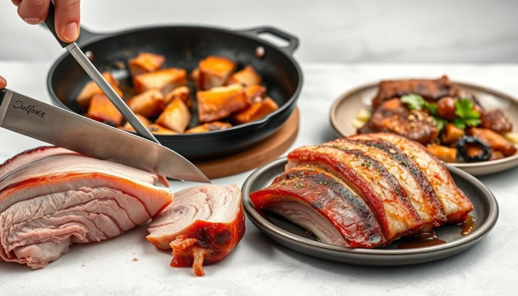 A well-lit professional food photography scene showcasing different cooking techniques for pork belly. In the foreground, a juicy pork belly slab is being sliced with a sharp knife, revealing the tender, layered texture. In the middle ground, a cast-iron skillet sizzles with pork belly being pan-fried to a golden-brown crisp. In the background, a slow-braised pork belly dish is plated with aromatic herbs and vegetables. The overall mood is mouthwatering and inviting, with soft, even lighting and a clean, minimalist backdrop to highlight the delicious pork belly preparations.