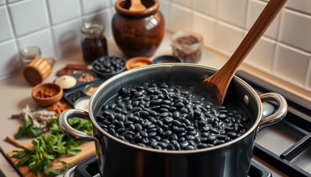 A well-lit stovetop scene showcasing the preparation of dried black beans. In the foreground, a heavy-bottomed pot simmers with a fragrant bean stew, its dark hue and thick consistency inviting. Surrounding the pot, an array of herbs, spices, and aromatics are neatly arranged, ready to be added to the dish. In the middle ground, a wooden spoon protrudes from the pot, hinting at the care and attention required to achieve the perfect texture. The background features a clean, minimalist kitchen counter, accentuating the simplicity and wholesomeness of the stovetop method. Soft, warm lighting casts gentle shadows, creating a cozy and welcoming atmosphere. The overall composition emphasizes the essential steps of the stovetop preparation, making it an informative and visually appealing illustration for the article.