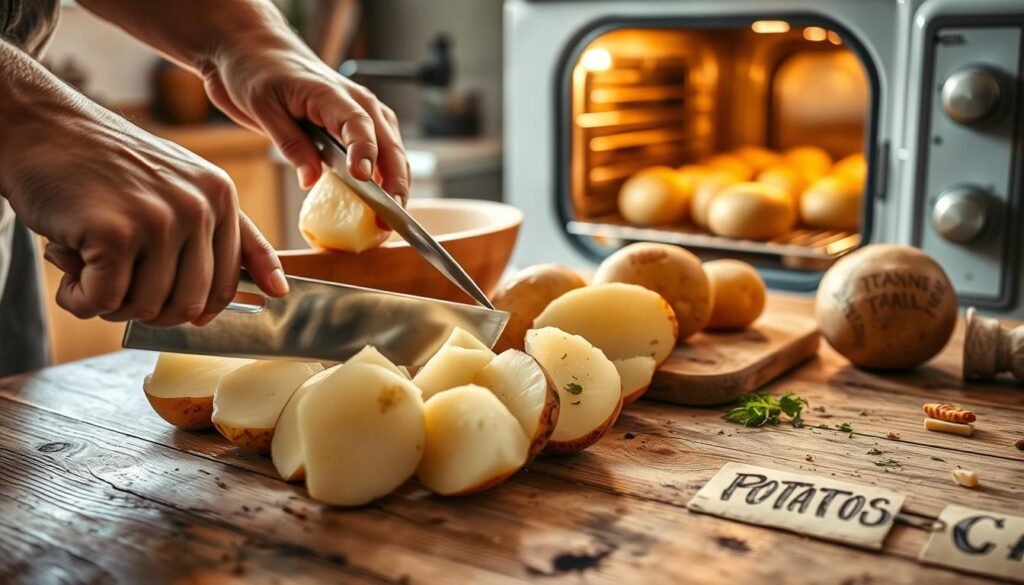 A wooden kitchen counter, its surface worn and weathered, is the stage for the preparation of potatoes for baking. A sharp chef's knife glints in the warm, natural light flooding the space, as skilled hands peel and slice the firm, starchy tubers, revealing their pale, smooth flesh. The aromatic scent of fresh herbs and spices wafts through the air, hinting at the flavors to come. In the background, a vintage oven stands ready, its door ajar, anticipating the golden-crusted potatoes to emerge, their insides fluffy and tender. This scene captures the simple, humble pleasure of transforming ordinary ingredients into a comforting, satisfying dish.