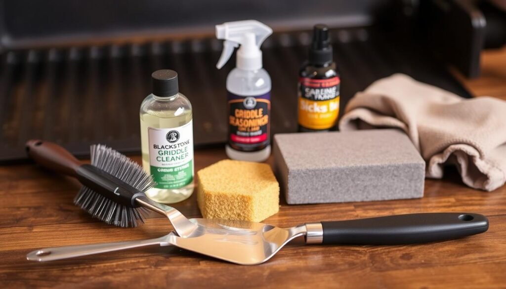 An assortment of essential tools for maintaining a clean and well-seasoned Blackstone griddle. In the foreground, a stiff-bristled grill brush, a metal spatula, and a bottle of Blackstone's Griddle Cleaner. In the middle ground, a sturdy scrub pad and a specialized griddle stone for deep cleaning. The background features a griddle seasoning spray and a microfiber cloth for wiping down the surface. Soft, warm lighting illuminates the tools, conveying a sense of care and attention to detail in griddle maintenance. The arrangement is laid out on a rustic wooden surface, reflecting the industrial yet homey nature of the Blackstone griddle.