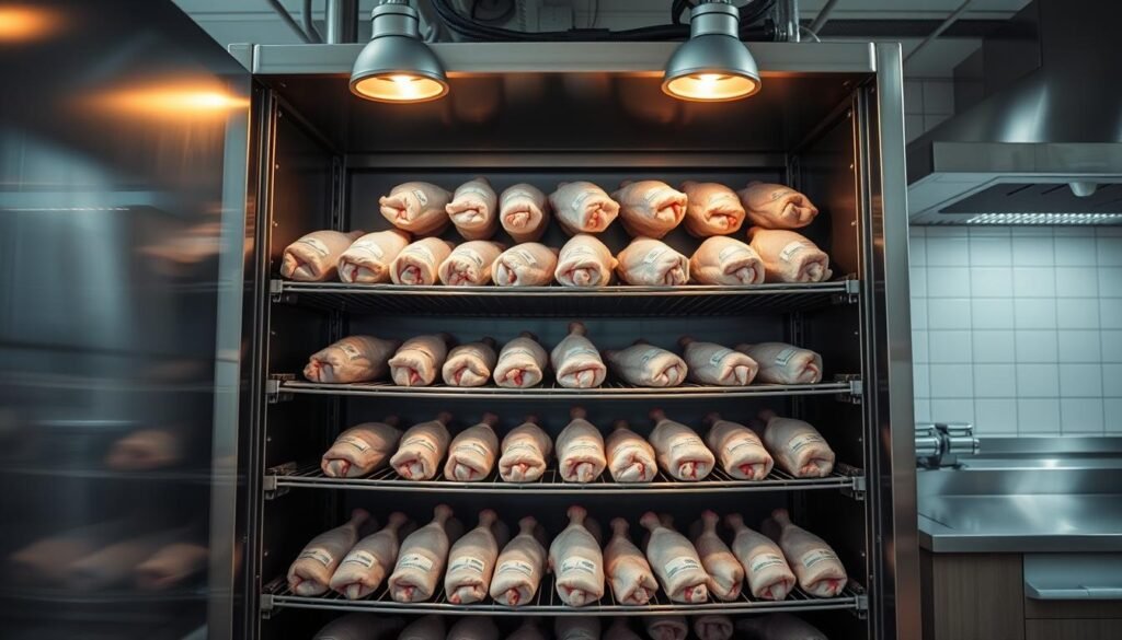 An industrial-style storage unit filled with neatly organized wings. The shelves are made of sturdy metal, with a sleek, minimalist design. The wings are arranged in neat rows, each one carefully labeled and dated. Soft, warm lighting from overhead fixtures casts a gentle glow, creating a sense of order and efficiency. The unit is positioned in a clean, well-lit kitchen, with stainless steel appliances and a tile backsplash in the background. The overall atmosphere conveys the idea of proper food storage and preservation, ready for easy reheating and serving.