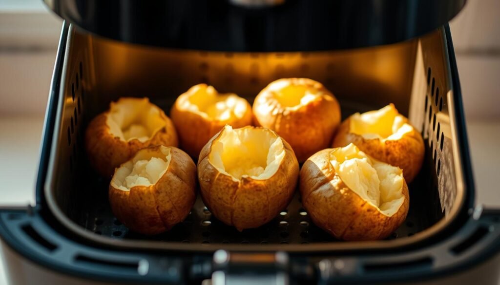 Beautifully lit air fryer with several medium-sized baked potatoes inside, positioned in the center of the frame. The potatoes have a golden-brown exterior and a fluffy, steaming interior visible through the transparent air fryer glass. Soft focus on the potatoes, with a clean and minimalist background, emphasizing the cooking process. Warm, natural lighting from the side creates gentle shadows and highlights the textural details of the potatoes. Camera angle slightly elevated to showcase the air fryer and its contents. The overall mood is inviting and mouthwatering, reflecting the article's focus on optimal air fryer baked potato cooking times.
