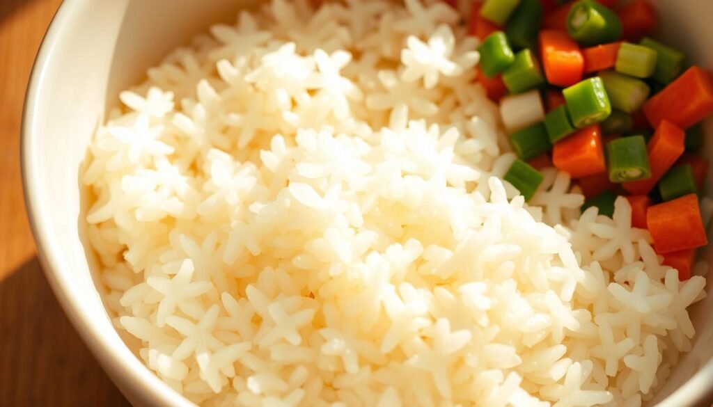 Cooked rice, fresh and fluffy, resting in a white ceramic bowl, the grains glistening with a light sheen. Alongside, an assortment of vibrant ingredients - sliced carrots, peas, and chopped scallions, creating a colorful and appetizing composition. The scene is bathed in warm, diffused lighting, casting gentle shadows and highlights that accentuate the textures and colors. The camera captures the scene from a slightly elevated angle, providing a clean, uncluttered view that invites the viewer to imagine the delicious dishes that can be created with this simple, yet versatile, staple food.