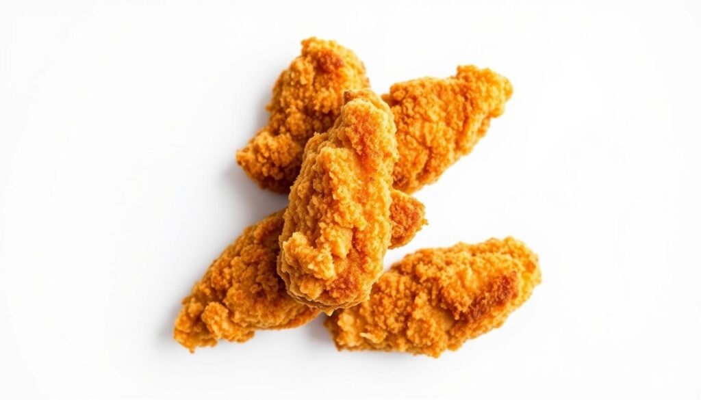 Crisp, golden-brown chicken tenders, freshly cooked in a modern air fryer, sit atop a white background. The tenders are arranged neatly, showcasing their perfectly crisped exterior and juicy interior. Soft, natural lighting illuminates the scene, highlighting the delicate texture of the breading and the succulent chicken within. The camera angle is slightly elevated, providing a clear, appetizing view of the dish. The overall mood is one of simple, effortless cooking and tantalizing, mouthwatering appeal. Crisp, golden-brown chicken tenders, freshly cooked in a modern air fryer, sit atop a white background. The tenders are arranged neatly, showcasing their perfectly crisped exterior and juicy interior. Soft, natural lighting illuminates the scene, highlighting the delicate texture of the breading and the succulent chicken within. The camera angle is slightly elevated, providing a clear, appetizing view of the dish. The overall mood is one of simple, effortless cooking and tantalizing, mouthwatering appeal.