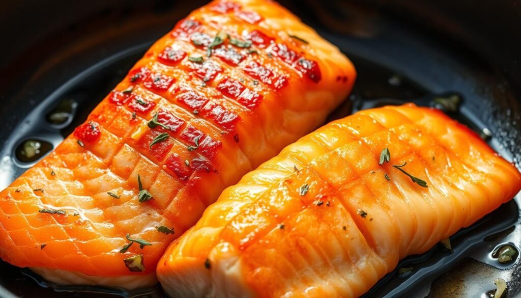 Crisp, golden-brown salmon skin sizzles in a cast iron skillet, droplets of oil popping and bubbling. The pan is set over high heat, casting a warm, amber glow. Flecks of garlic, thyme, and lemon zest add depth of flavor. The skin is evenly crisped, every ridge and groove distinct, creating an inviting texture. Viewed from a close, angled perspective, the skin fills the frame, begging to be touched and tasted. Bright, natural lighting accentuates the sheen and highlights the delicate meat below, hinting at the tender, flaky interior waiting to be revealed.