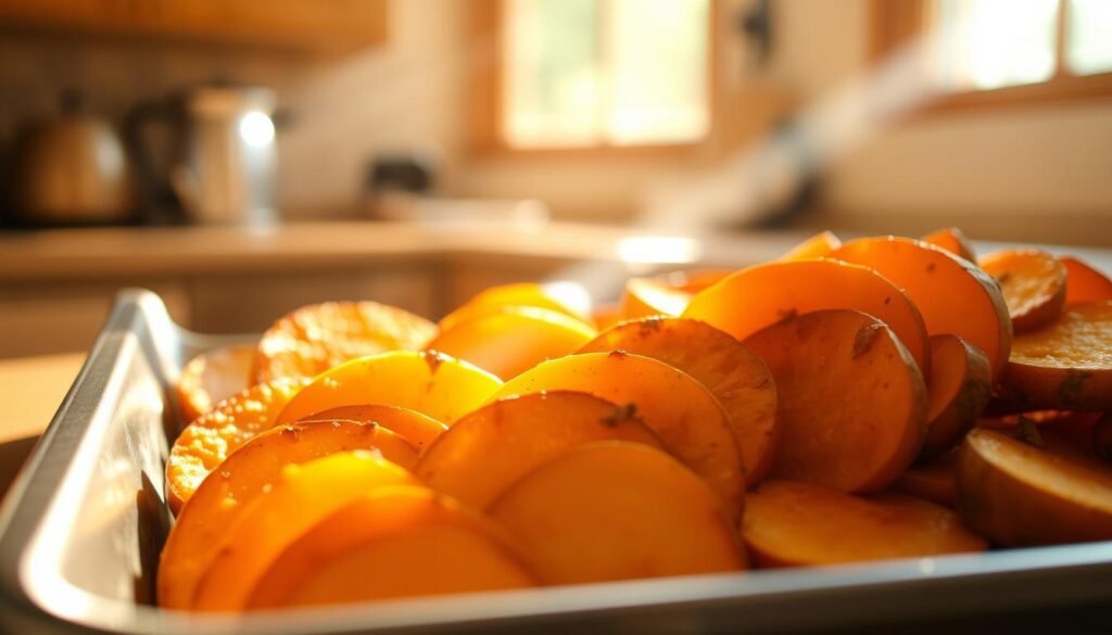 Crisp, golden-brown sweet potato slices, fresh from the oven, their surfaces glistening with a light sheen of olive oil. The perfect contrast of a soft, fluffy interior and a crackly, caramelized exterior, achieved through precise temperature control and strategic baking techniques. Warm rays of sunlight stream in through a large kitchen window, casting a soft, natural glow over the tray of baked potatoes. The scene evokes a sense of wholesome, homemade goodness, inviting the viewer to imagine the delightful flavors and satisfying textures awaiting within. Crisp, golden-brown sweet potato slices, fresh from the oven, their surfaces glistening with a light sheen of olive oil. The perfect contrast of a soft, fluffy interior and a crackly, caramelized exterior, achieved through precise temperature control and strategic baking techniques. Warm rays of sunlight stream in through a large kitchen window, casting a soft, natural glow over the tray of baked potatoes. The scene evokes a sense of wholesome, homemade goodness, inviting the viewer to imagine the delightful flavors and satisfying textures awaiting within.